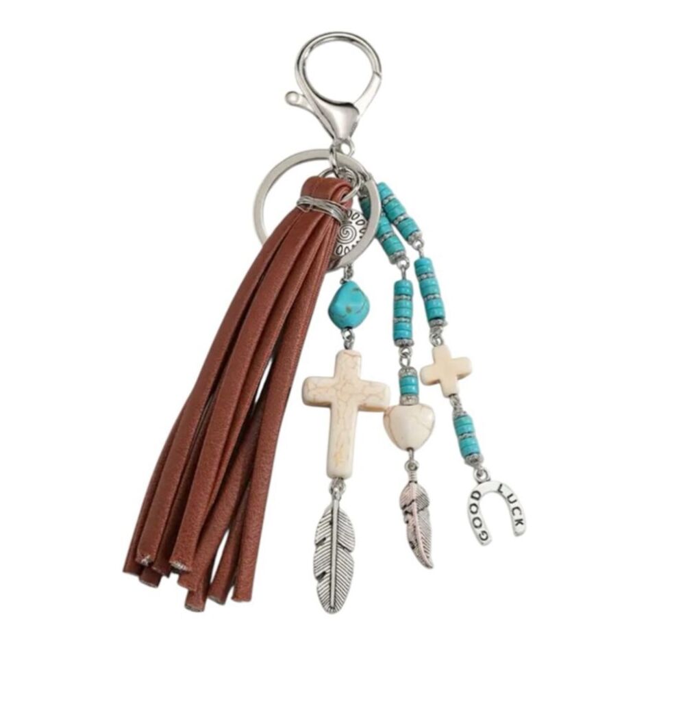 Western Style Bag Charm Keychain with Crosses Tassel Beads and Charms - Picture 2 of 5